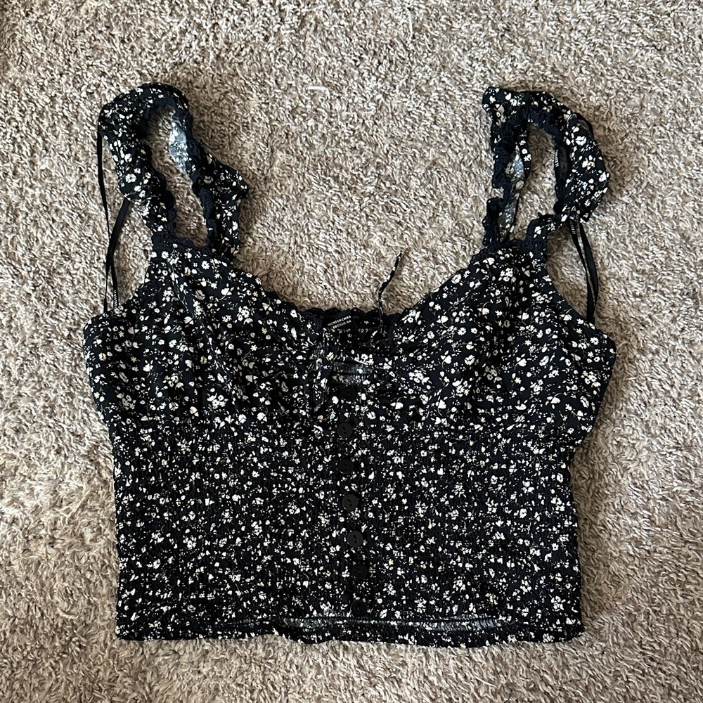 Black Floral Ruffle Strap Crop Top